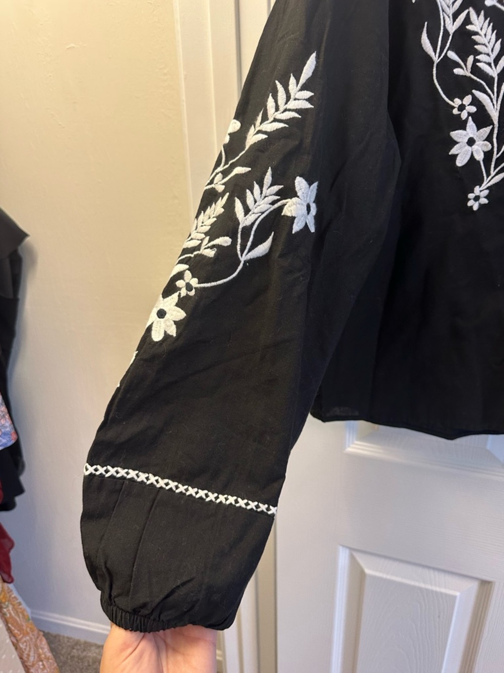 Joie Black Cotton Blouse with White Floral Embroidery - Picture 2 of 4